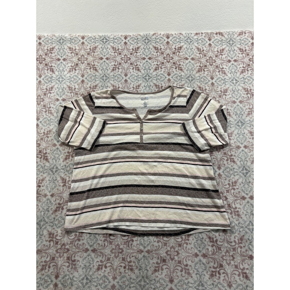 Croft & Barrow Womens 1X Striped Henley Top Brown Tan Pink Cotton Short Sleeve